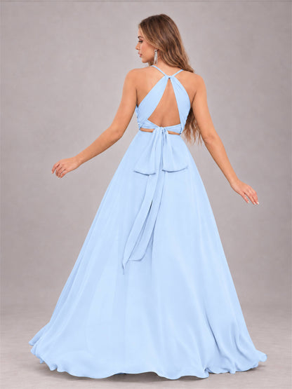 Light Blue Trendy Halter Neck Bow Back Chiffon Bridesmaid Dress with Slit