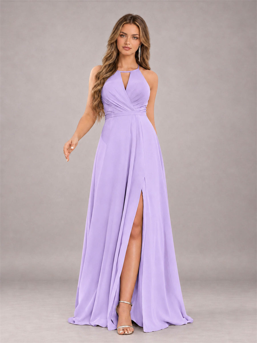 Lilac Trendy Halter Neck Bow Back Chiffon Bridesmaid Dress with Slit
