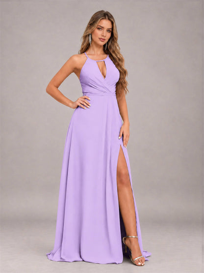 Lilac Trendy Halter Neck Bow Back Chiffon Bridesmaid Dress with Slit