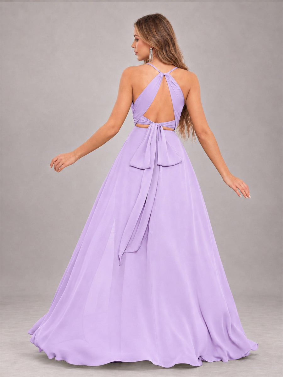 Lilac Trendy Halter Neck Bow Back Chiffon Bridesmaid Dress with Slit