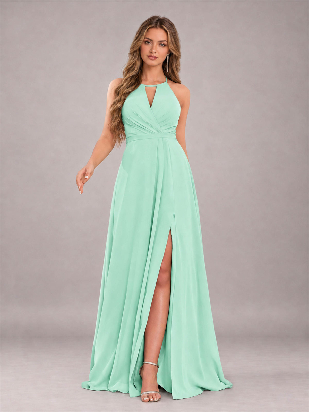 Mint Green Trendy Halter Neck Bow Back Chiffon Bridesmaid Dress with Slit