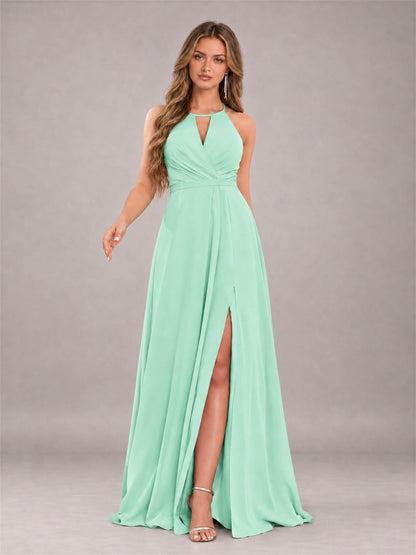 Mint Green Trendy Halter Neck Bow Back Chiffon Bridesmaid Dress with Slit