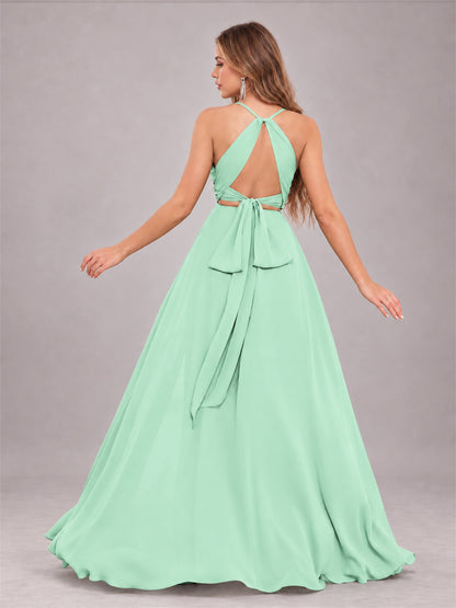Mint Green Trendy Halter Neck Bow Back Chiffon Bridesmaid Dress with Slit