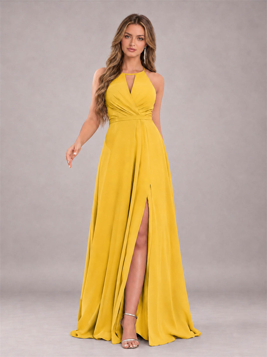 Mustard Yellow Trendy Halter Neck Bow Back Chiffon Bridesmaid Dress with Slit