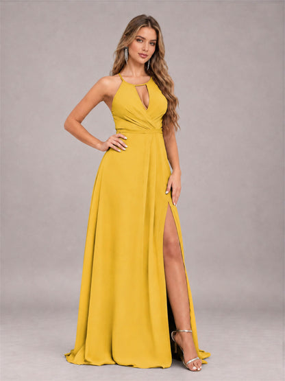 Mustard Yellow Trendy Halter Neck Bow Back Chiffon Bridesmaid Dress with Slit