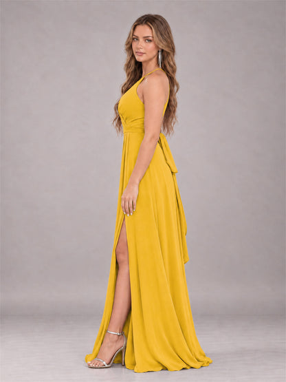 Mustard Yellow Trendy Halter Neck Bow Back Chiffon Bridesmaid Dress with Slit