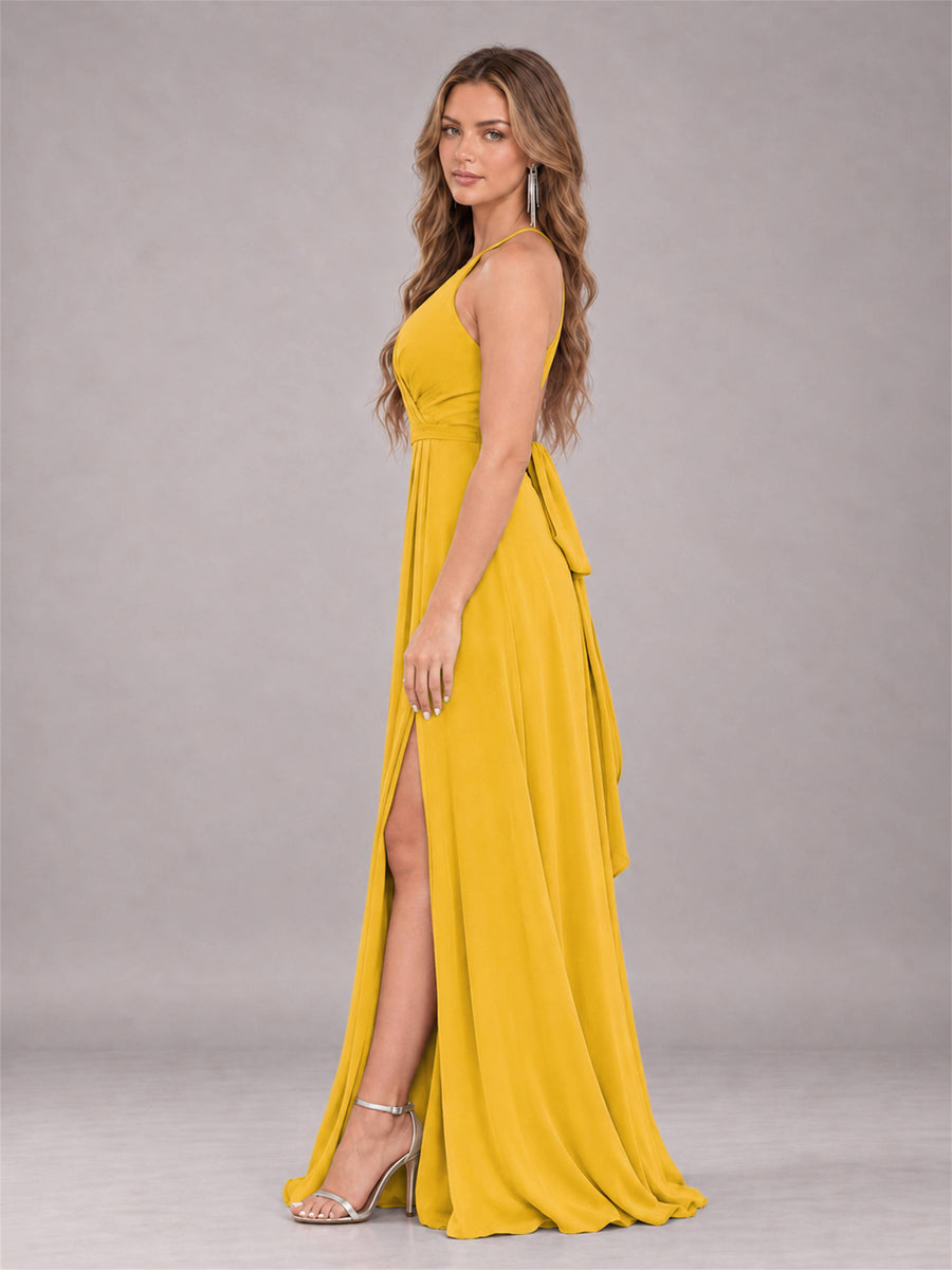Mustard Yellow Trendy Halter Neck Bow Back Chiffon Bridesmaid Dress with Slit