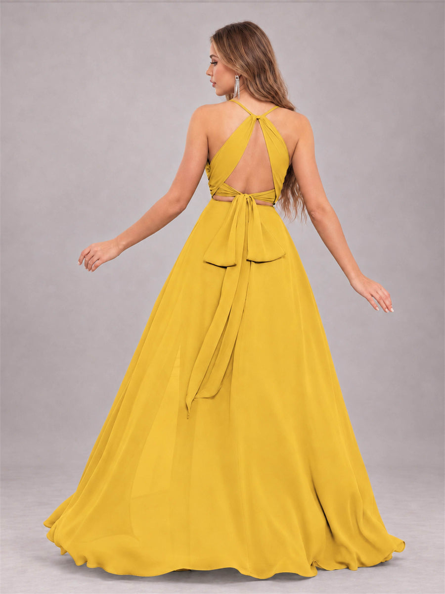 Mustard Yellow Trendy Halter Neck Bow Back Chiffon Bridesmaid Dress with Slit