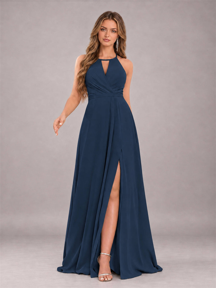 Navy Blue Trendy Halter Neck Bow Back Chiffon Bridesmaid Dress with Slit