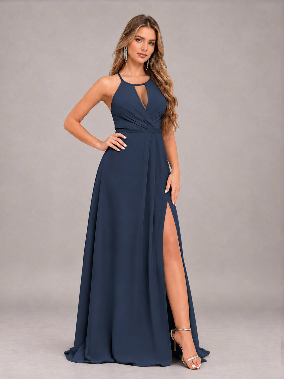 Navy Blue Trendy Halter Neck Bow Back Chiffon Bridesmaid Dress with Slit