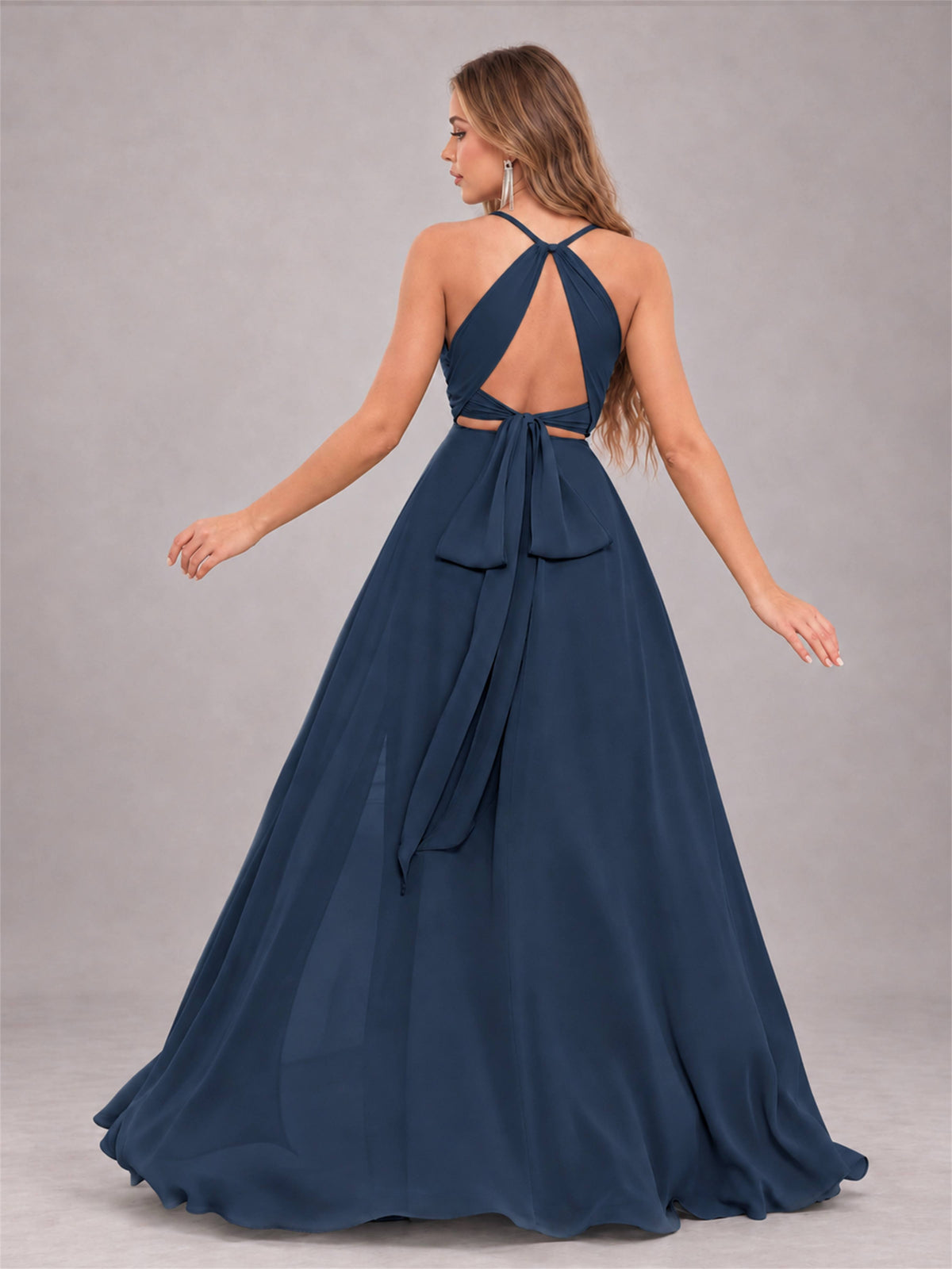 Navy Blue Trendy Halter Neck Bow Back Chiffon Bridesmaid Dress with Slit