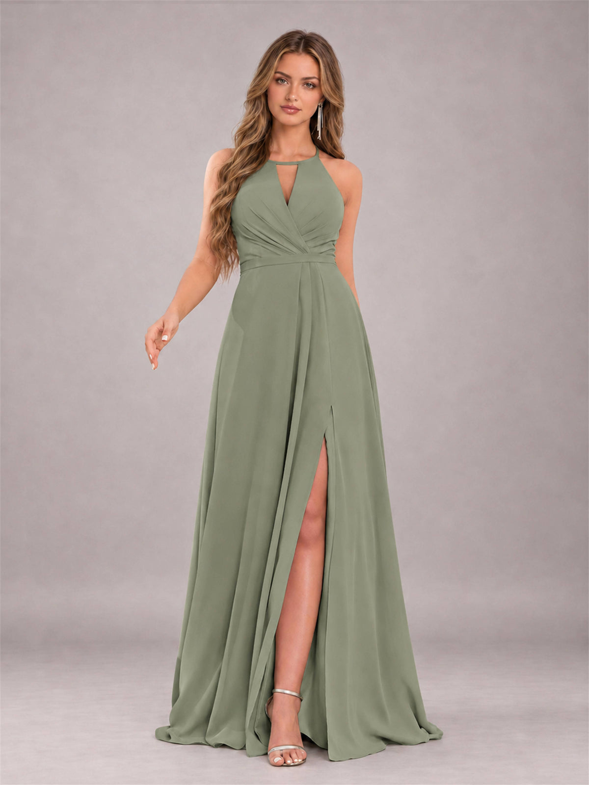 Olive Green Trendy Halter Neck Bow Back Chiffon Bridesmaid Dress with Slit