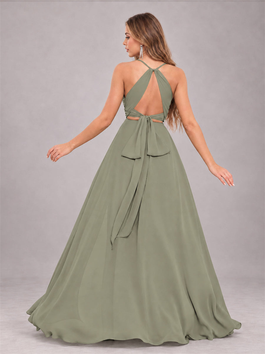 Olive Green Trendy Halter Neck Bow Back Chiffon Bridesmaid Dress with Slit
