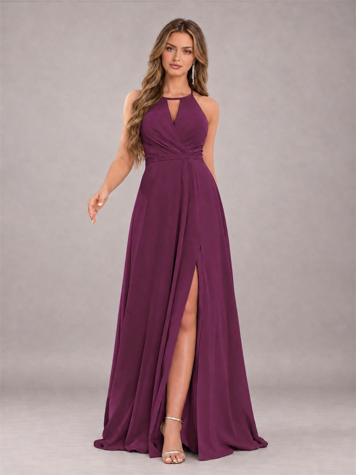 Plum Trendy Halter Neck Bow Back Chiffon Bridesmaid Dress with Slit