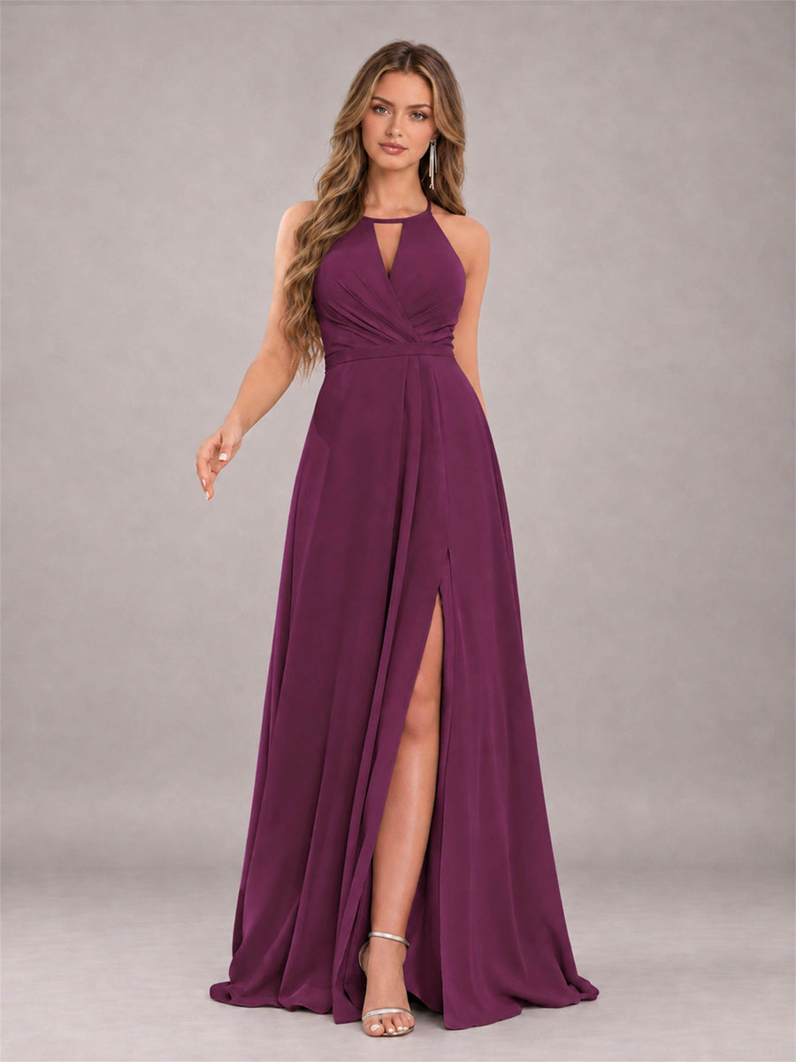 Plum Trendy Halter Neck Bow Back Chiffon Bridesmaid Dress with Slit