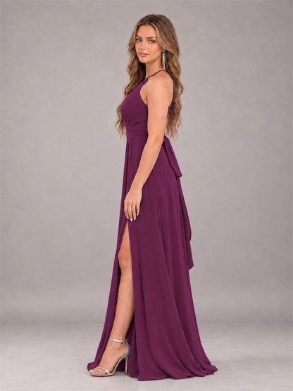 Plum Trendy Halter Neck Bow Back Chiffon Bridesmaid Dress with Slit