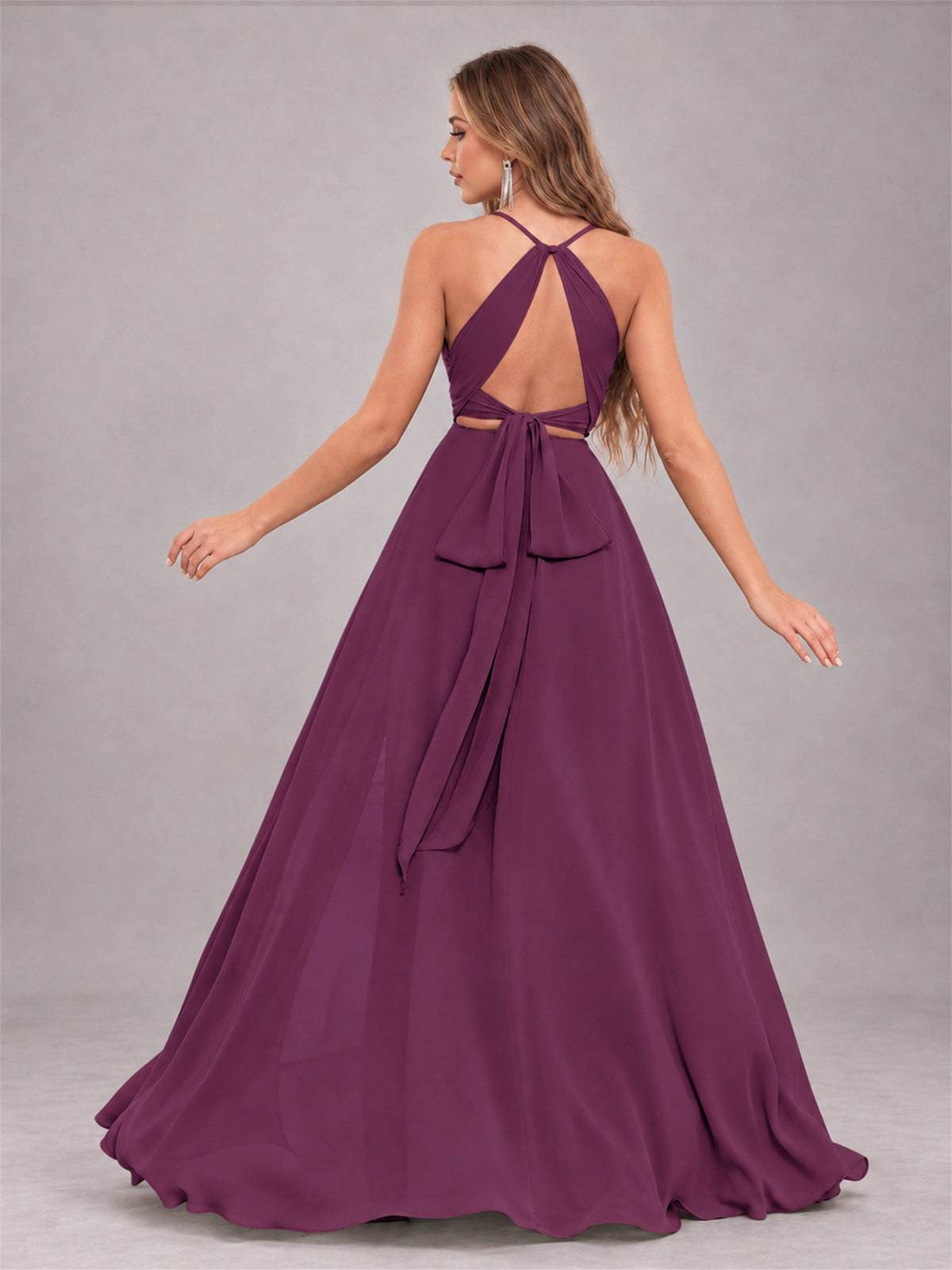 Plum Trendy Halter Neck Bow Back Chiffon Bridesmaid Dress with Slit