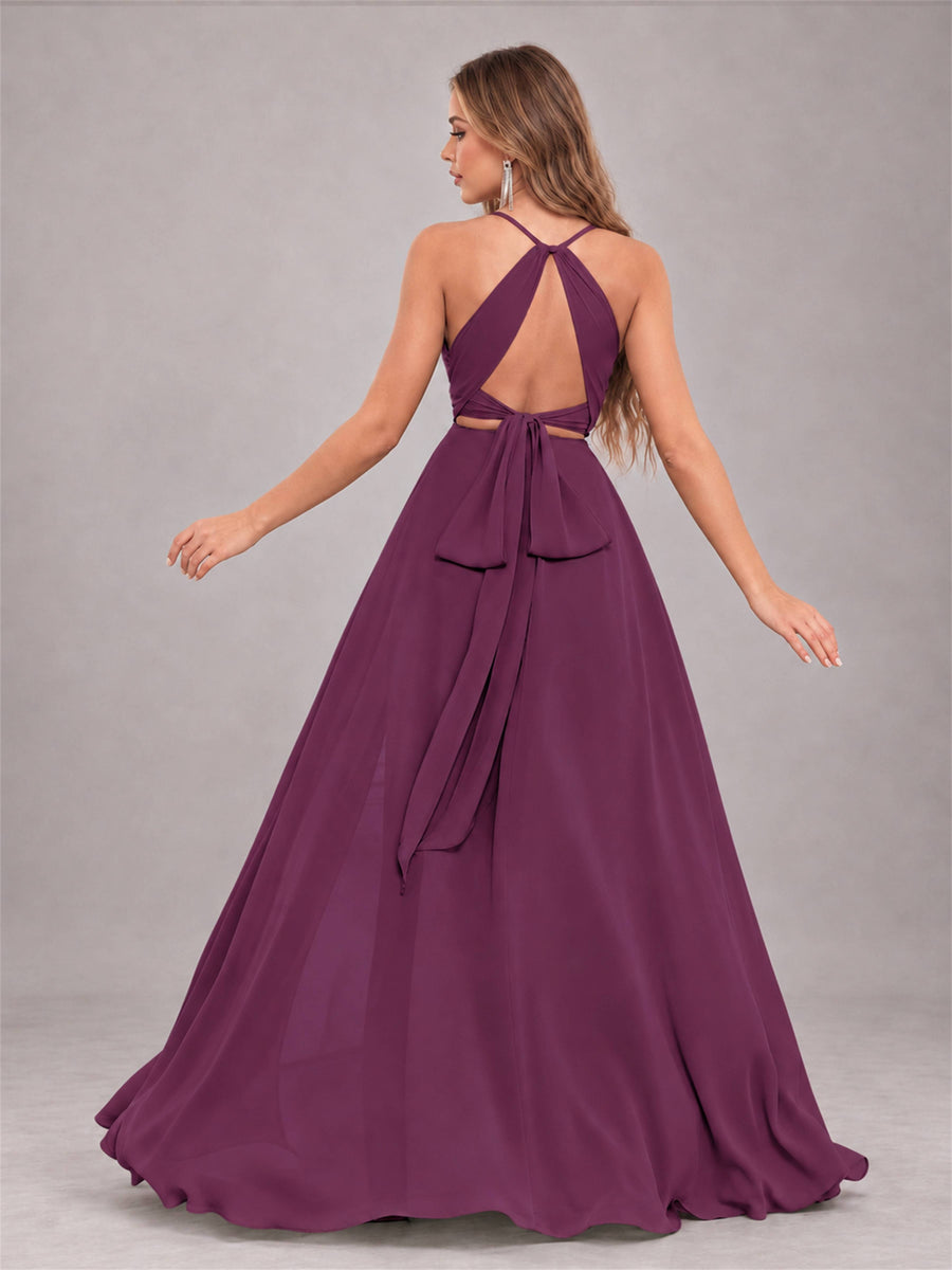 Plum Trendy Halter Neck Bow Back Chiffon Bridesmaid Dress with Slit