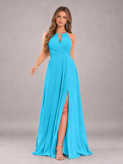 Pool Trendy Halter Neck Bow Back Chiffon Bridesmaid Dress with Slit