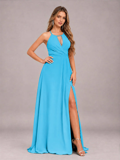 Pool Trendy Halter Neck Bow Back Chiffon Bridesmaid Dress with Slit