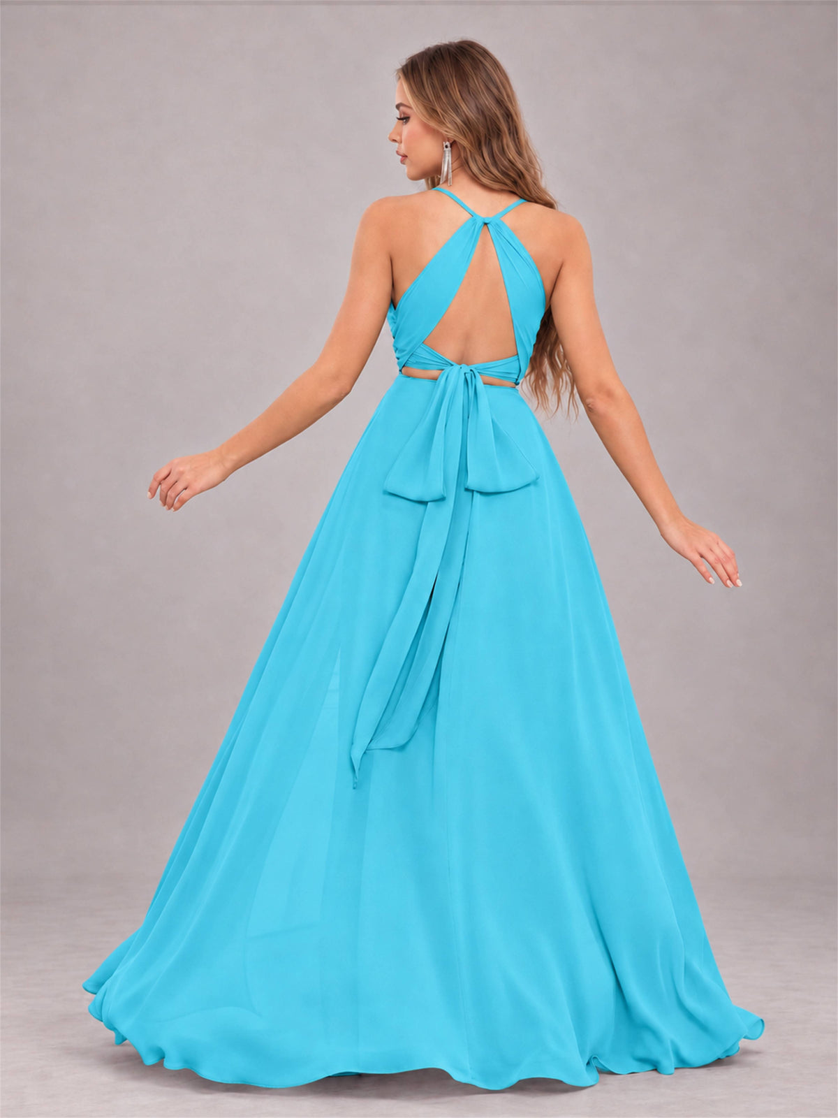 Pool Trendy Halter Neck Bow Back Chiffon Bridesmaid Dress with Slit
