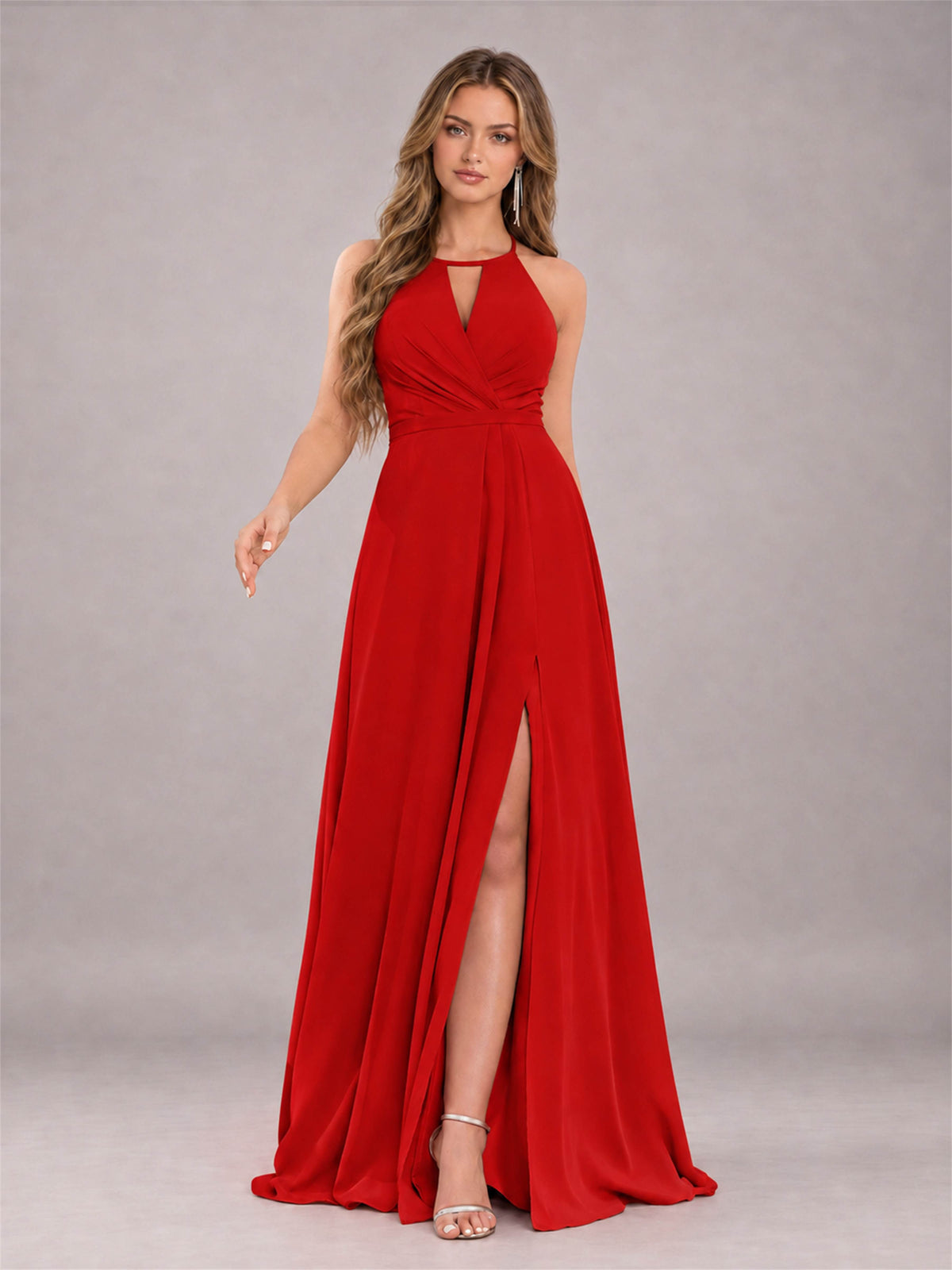 Red Trendy Halter Neck Bow Back Chiffon Bridesmaid Dress with Slit
