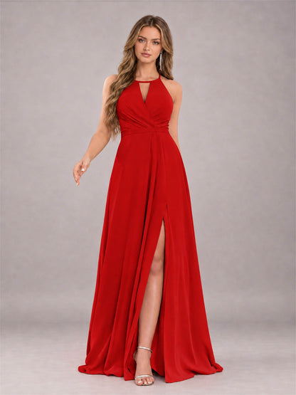 Red Trendy Halter Neck Bow Back Chiffon Bridesmaid Dress with Slit