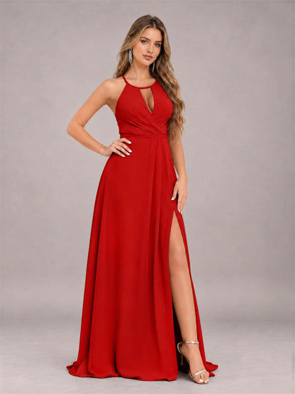 Red Trendy Halter Neck Bow Back Chiffon Bridesmaid Dress with Slit