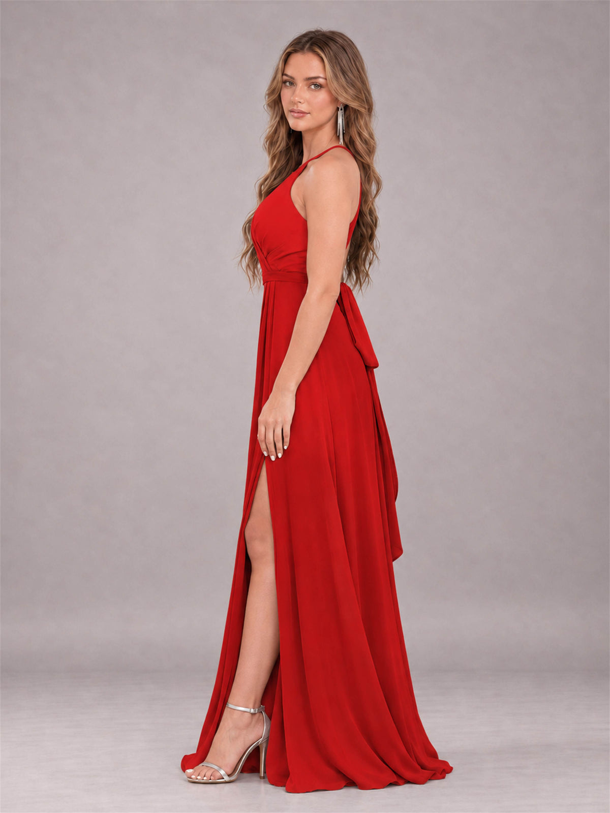 Red Trendy Halter Neck Bow Back Chiffon Bridesmaid Dress with Slit