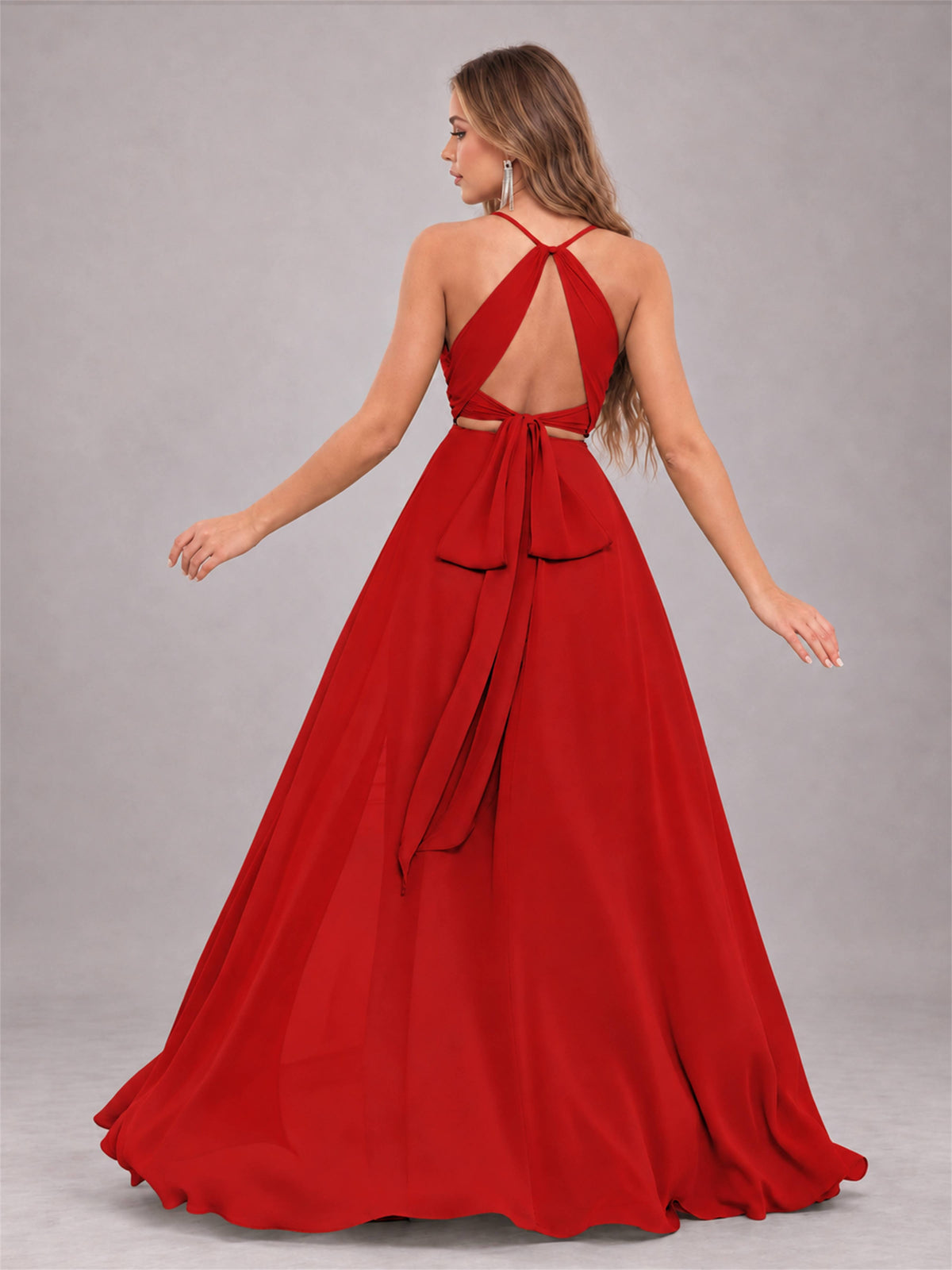Red Trendy Halter Neck Bow Back Chiffon Bridesmaid Dress with Slit