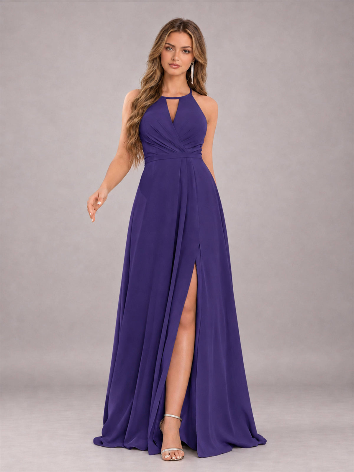 Regency Trendy Halter Neck Bow Back Chiffon Bridesmaid Dress with Slit