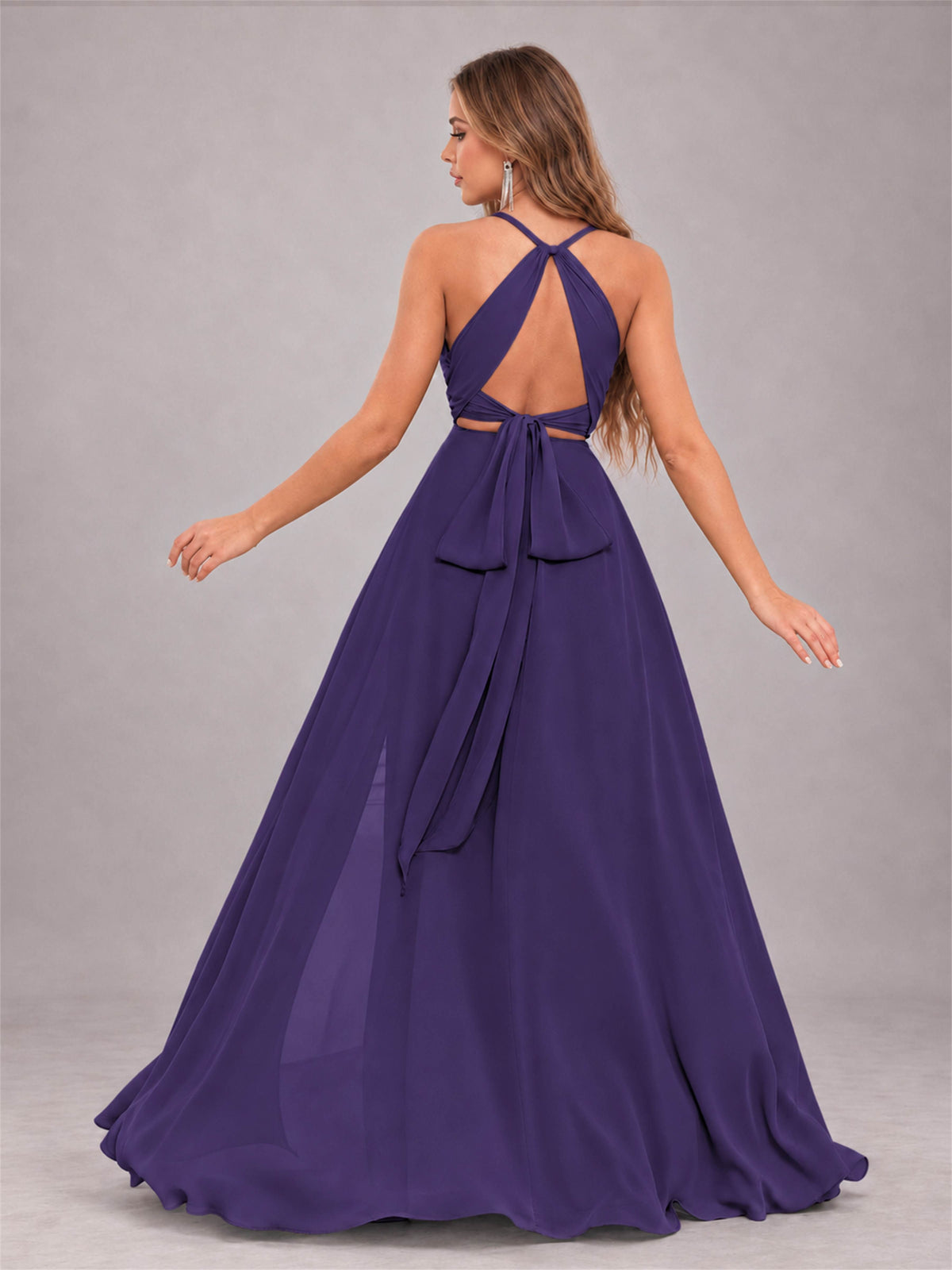 Regency Trendy Halter Neck Bow Back Chiffon Bridesmaid Dress with Slit