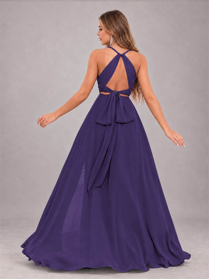 Regency Trendy Halter Neck Bow Back Chiffon Bridesmaid Dress with Slit