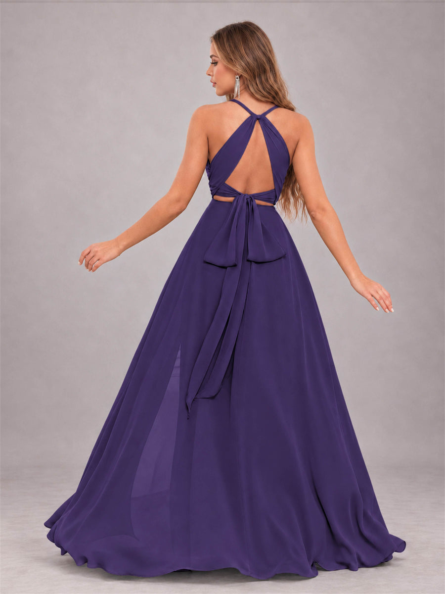 Regency Trendy Halter Neck Bow Back Chiffon Bridesmaid Dress with Slit