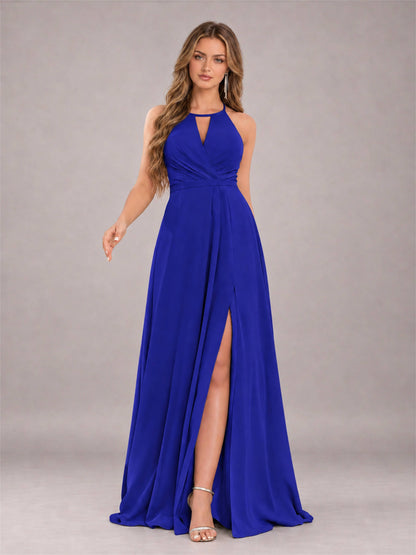 Royal Blue Trendy Halter Neck Bow Back Chiffon Bridesmaid Dress with Slit