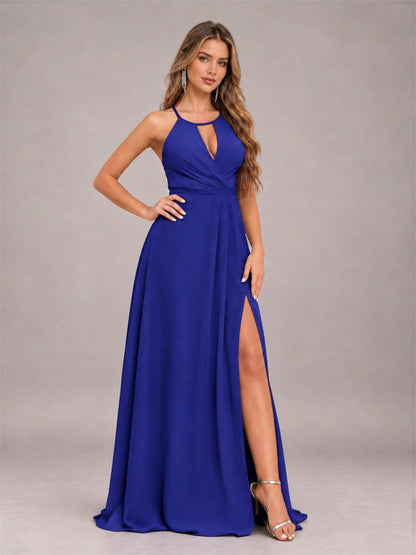 Royal Blue Trendy Halter Neck Bow Back Chiffon Bridesmaid Dress with Slit