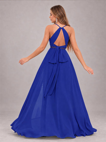 Royal Blue Trendy Halter Neck Bow Back Chiffon Bridesmaid Dress with Slit