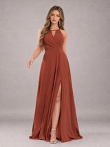 Trendy Halter Neck Bow Back Chiffon Bridesmaid Dress with Slit