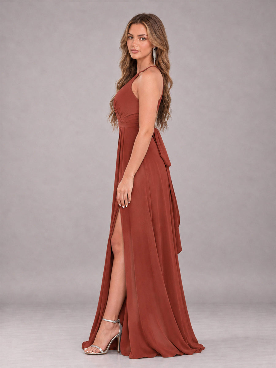 Rust Trendy Halter Neck Bow Back Chiffon Bridesmaid Dress with Slit