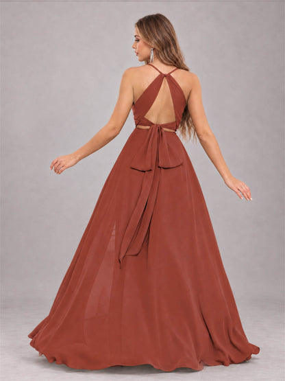 Rust Trendy Halter Neck Bow Back Chiffon Bridesmaid Dress with Slit