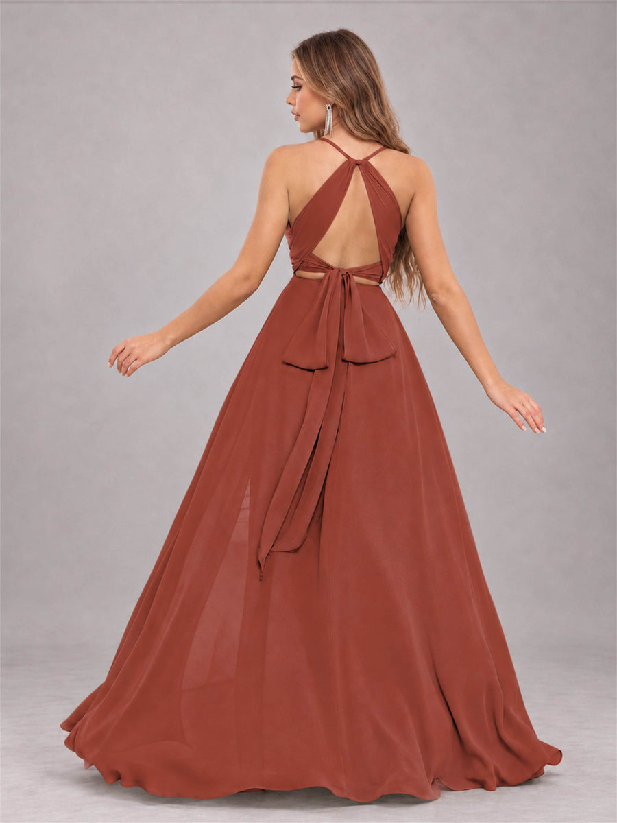 Rust Trendy Halter Neck Bow Back Chiffon Bridesmaid Dress with Slit