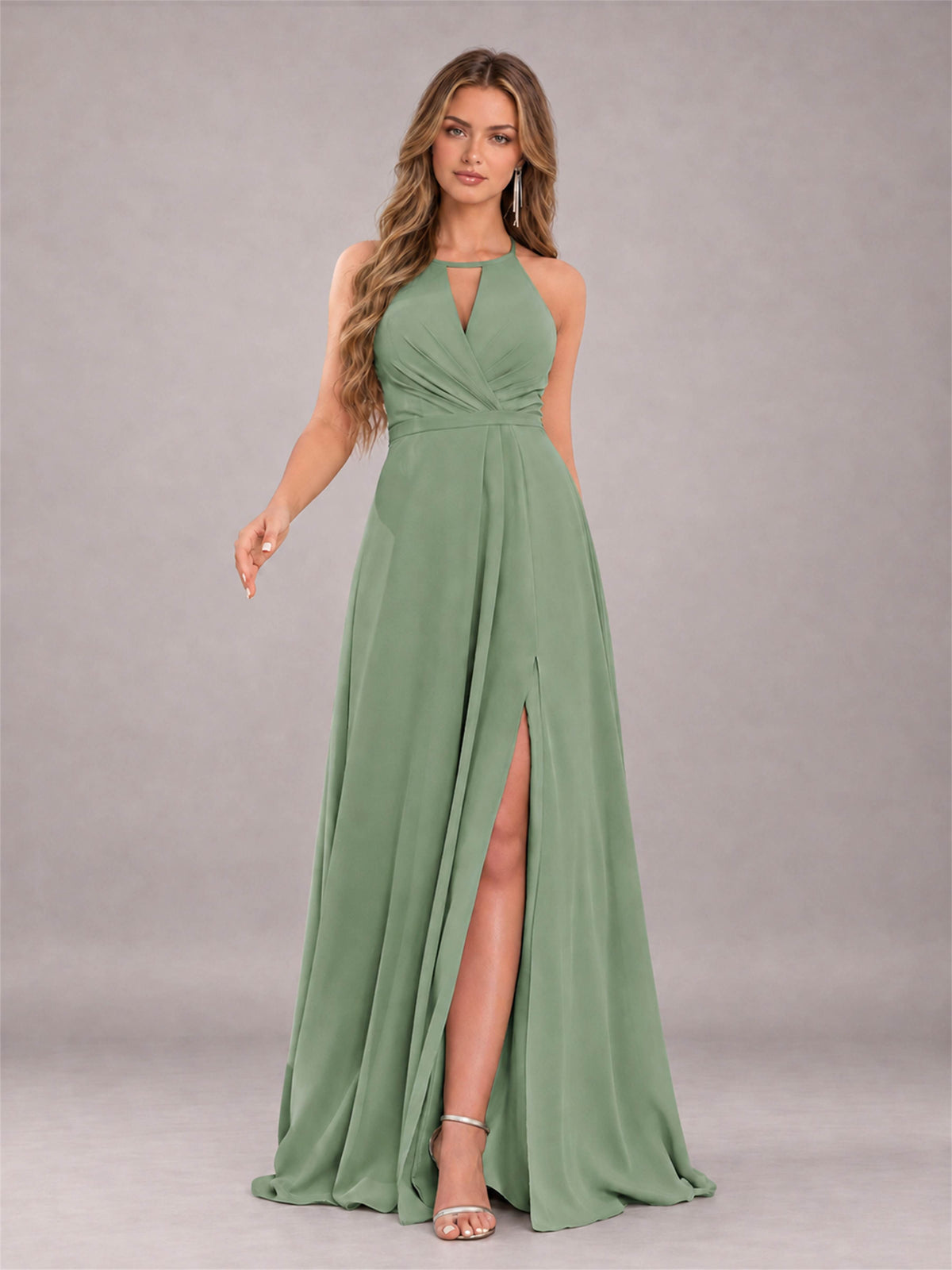 Sage Green Trendy Halter Neck Bow Back Chiffon Bridesmaid Dress with Slit