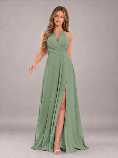 Sage Green Trendy Halter Neck Bow Back Chiffon Bridesmaid Dress with Slit