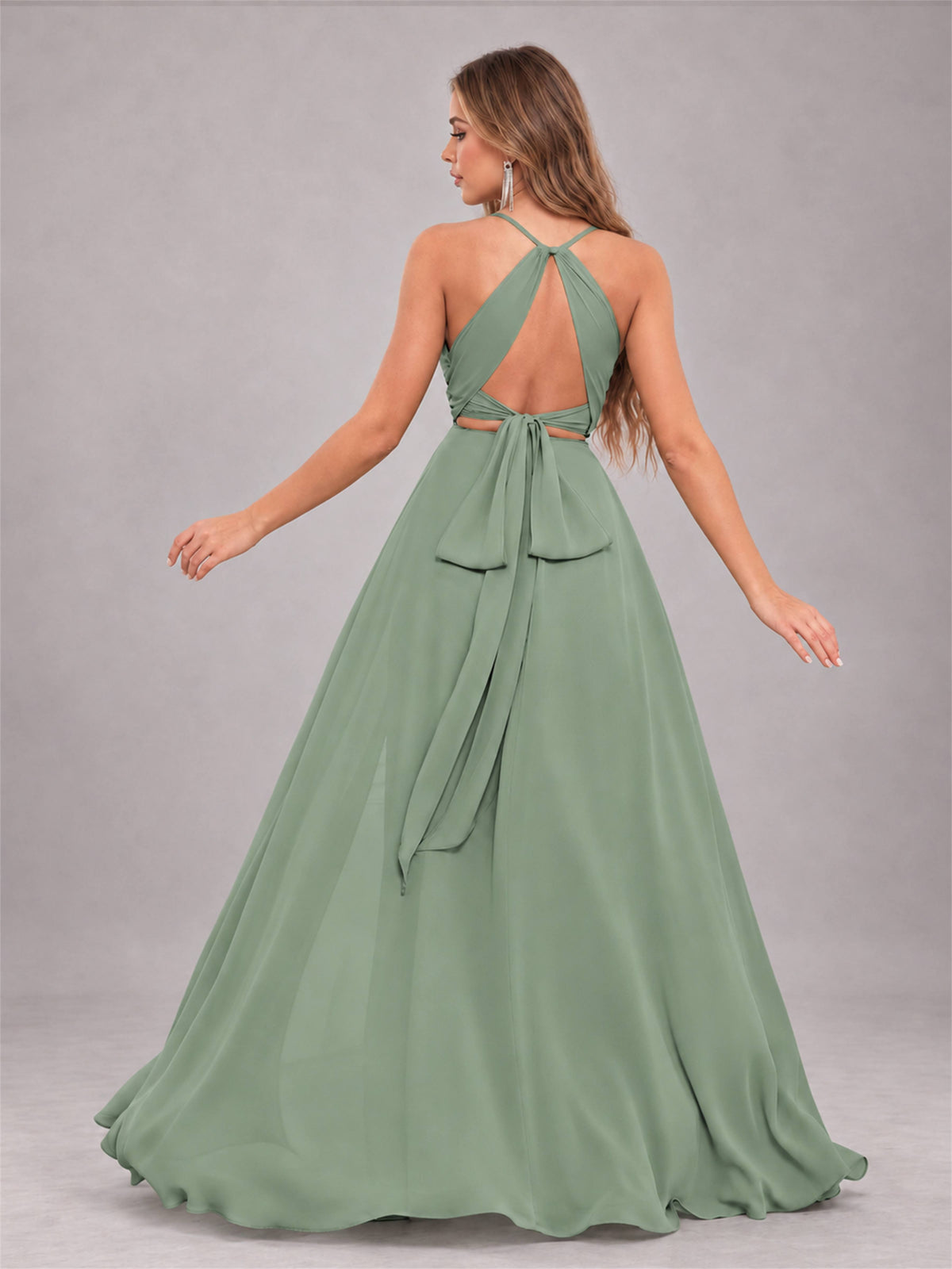 Sage Green Trendy Halter Neck Bow Back Chiffon Bridesmaid Dress with Slit