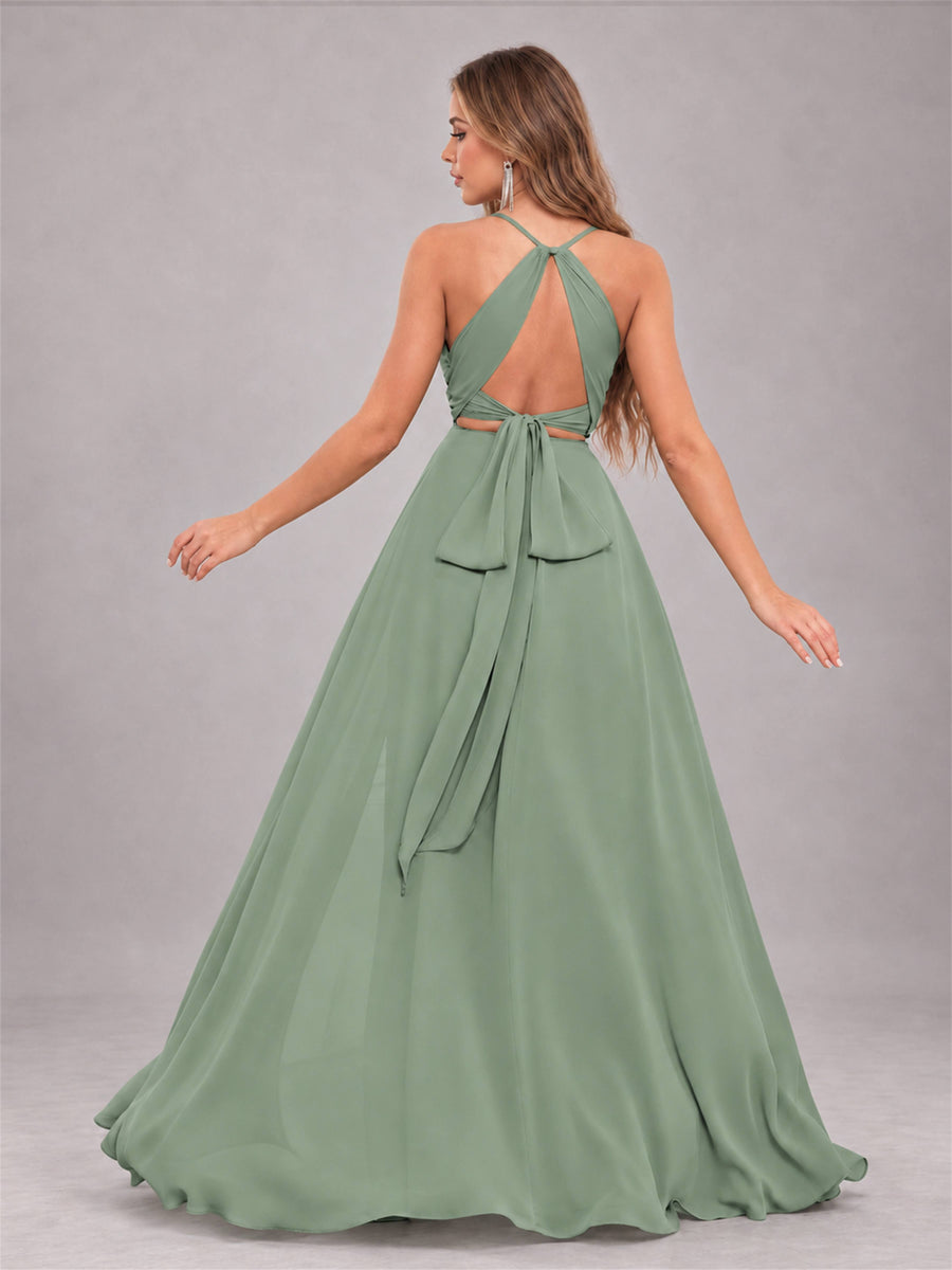 Sage Green Trendy Halter Neck Bow Back Chiffon Bridesmaid Dress with Slit