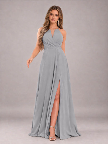 Silver Trendy Halter Neck Bow Back Chiffon Bridesmaid Dress with Slit