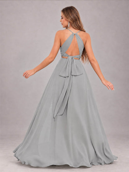 Silver Trendy Halter Neck Bow Back Chiffon Bridesmaid Dress with Slit