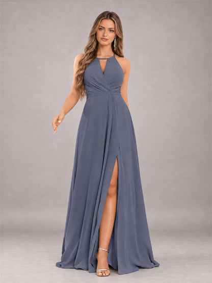 Stormy Blue Trendy Halter Neck Bow Back Chiffon Bridesmaid Dress with Slit
