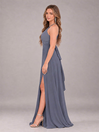 Stormy Blue Trendy Halter Neck Bow Back Chiffon Bridesmaid Dress with Slit