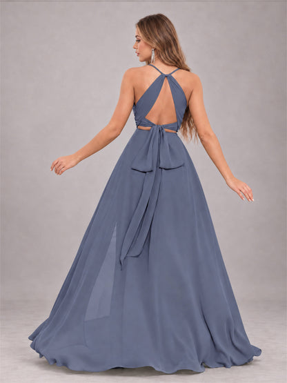 Stormy Blue Trendy Halter Neck Bow Back Chiffon Bridesmaid Dress with Slit